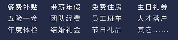 pg电子官网员工福利：餐费补贴、五险一金、年度体检、带薪年假、团队经费、结婚礼金、免费住房、员工班车、节日礼品、生日礼券、人才落户、其它……